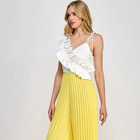 Yellow Cami asymmetrical ruffle detail‎ pleated bottom jumpsuit - Picture 3 of 8
